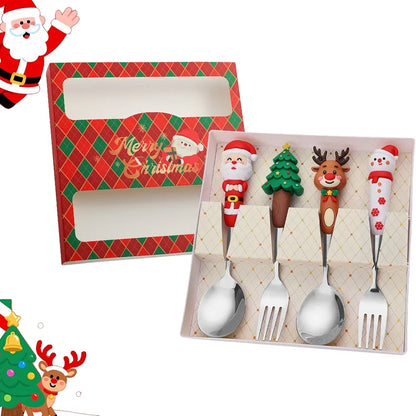 4Pcs Silver Christmas Fork And Spoon Set Stainless Steel Creative Tableware Coffee Tea Dessert Forks And Spoons Gift Set