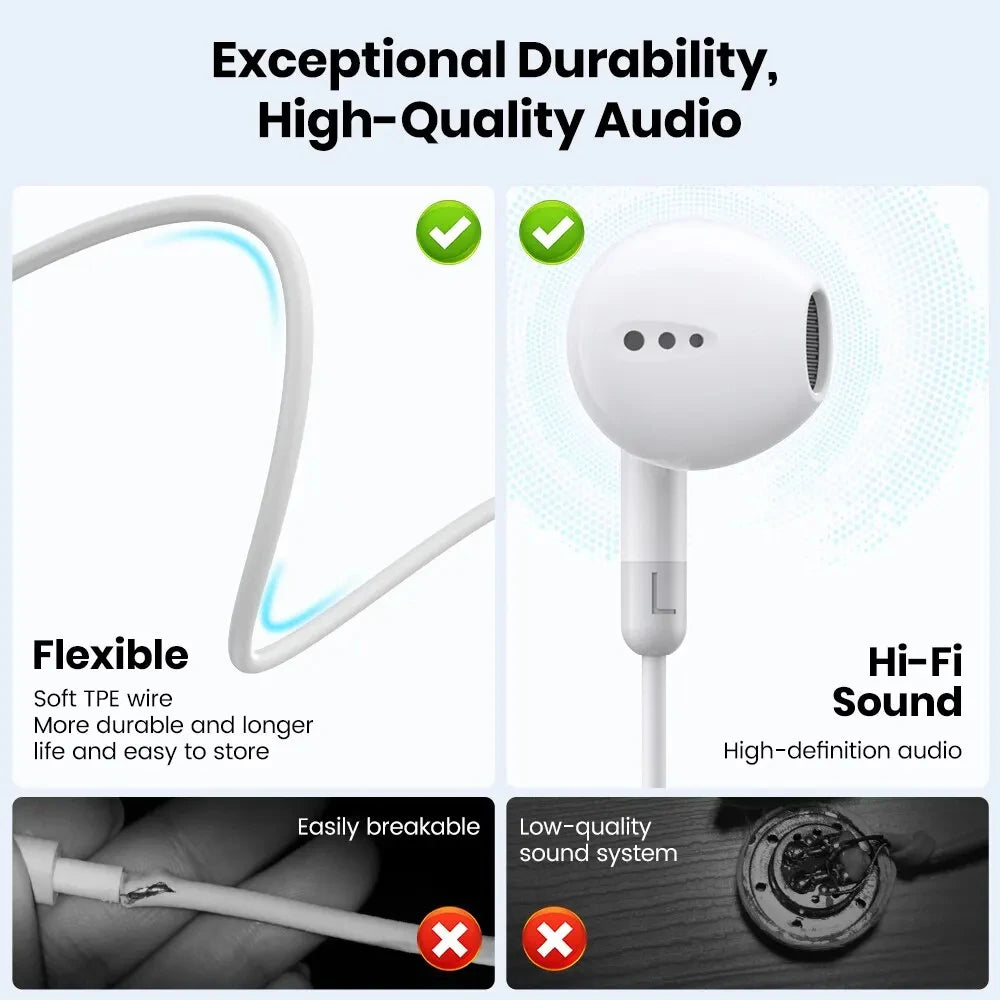 Headphones For iPhone 16 15 Pro Max 14 13 12 11 Mini USB-C Lightning Wired Earphones iPhone X XS XR 7 8 6 Plus Phone Accessories