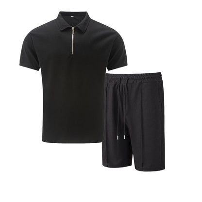 2025 Men Europe and the United States new summer Waffle solid color zip-up lapel short-sleeve suit shorts two sets
