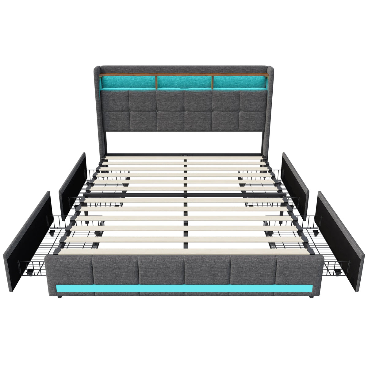 Rosahqnda Upholstered Double Bed 160 x 200 cm, Bed 180 x 200 cm with Storage Box, Storage Bed with 4 Drawers and LED Lighting