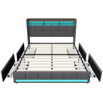 Rosahqnda Upholstered Double Bed 160 x 200 cm, Bed 180 x 200 cm with Storage Box, Storage Bed with 4 Drawers and LED Lighting