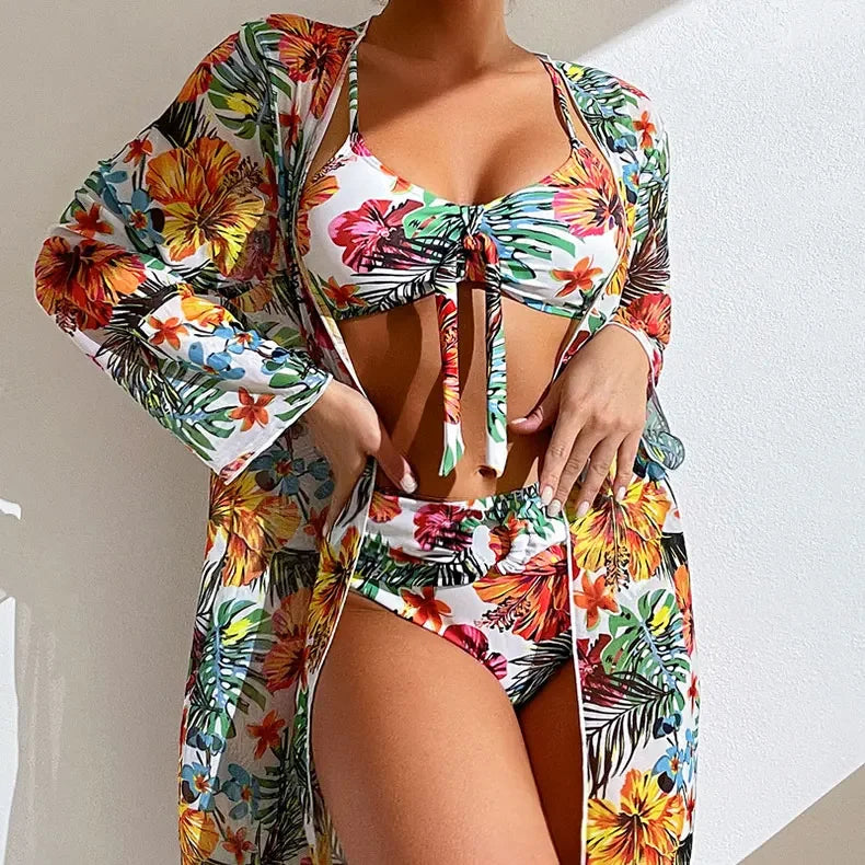 Size S-3XL Bikini Three Pieces Floral Printed Swimsuit Women Bikini Set With Mesh Long-Sleeved Blouse,Bra Top with Pad Swimwear