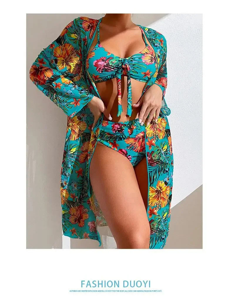 Size S-3XL Bikini Three Pieces Floral Printed Swimsuit Women Bikini Set With Mesh Long-Sleeved Blouse,Bra Top with Pad Swimwear