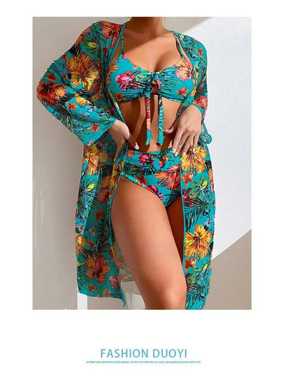 Size S-3XL Bikini Three Pieces Floral Printed Swimsuit Women Bikini Set With Mesh Long-Sleeved Blouse,Bra Top with Pad Swimwear
