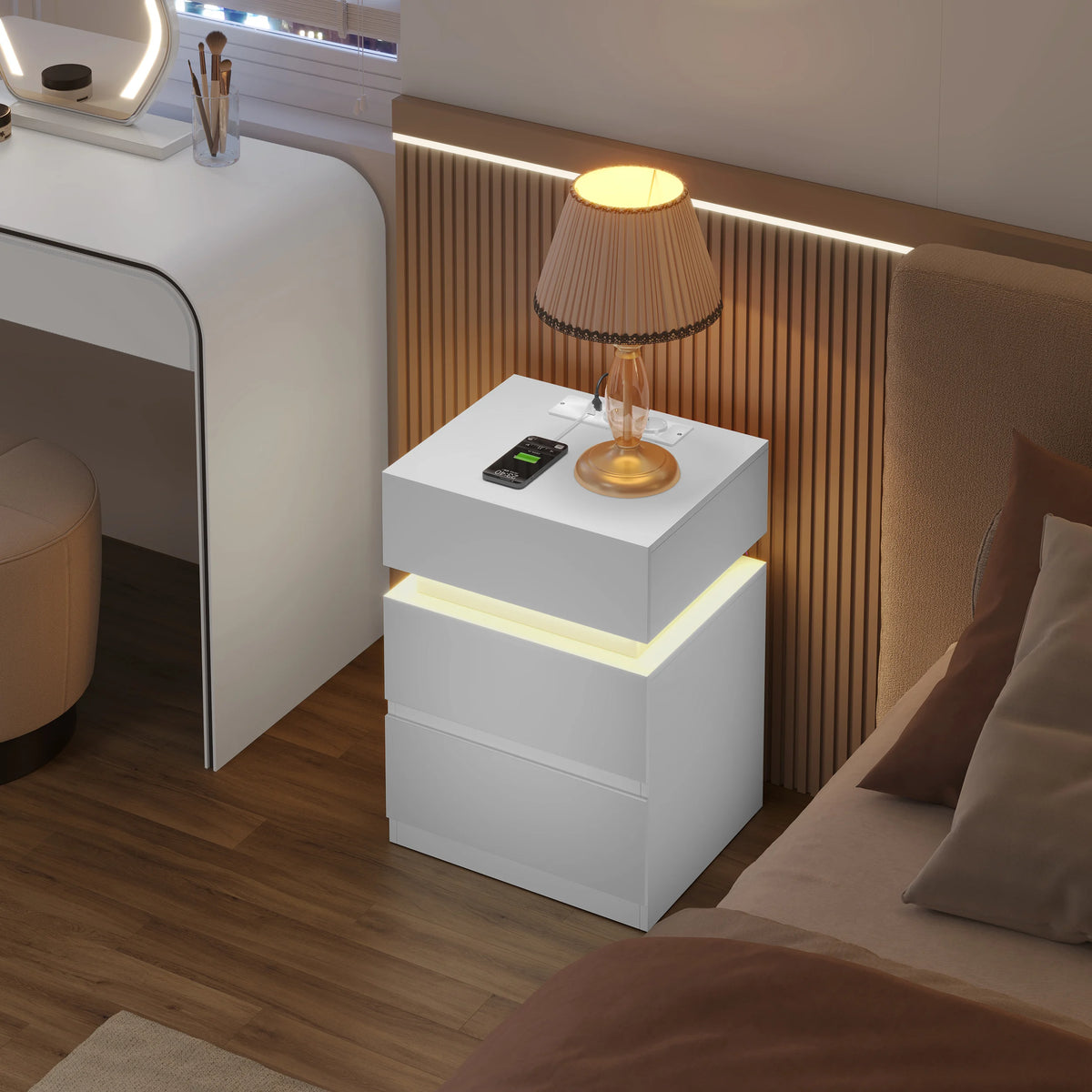 WOLTU Nightstand White/Black Bedside Table with LED Lighting 2 Drawers USB Charging Function Narrow Sofa Table