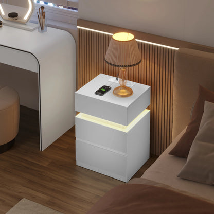 WOLTU Nightstand White/Black Bedside Table with LED Lighting 2 Drawers USB Charging Function Narrow Sofa Table