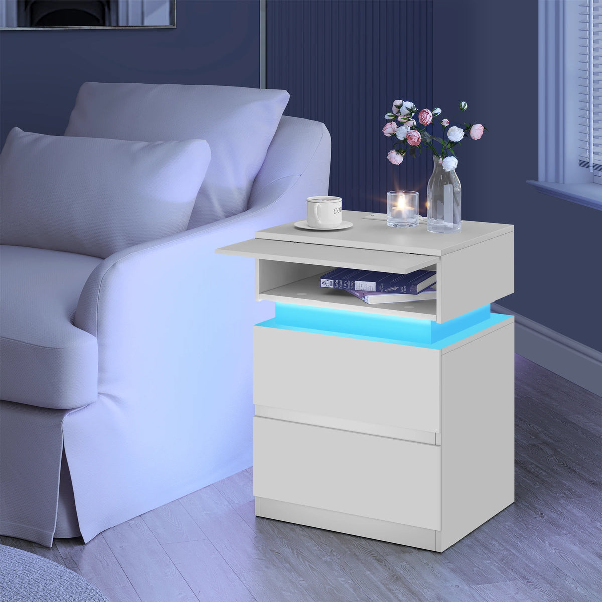 WOLTU Nightstand White/Black Bedside Table with LED Lighting 2 Drawers USB Charging Function Narrow Sofa Table