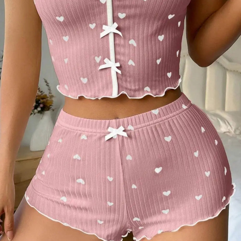 Women's Pajamas Set Bowknot Decor Sleepwear 2 PCS Short Tank Tops And Shorts Ventilate Loungewear Two-piece Female Nightwear