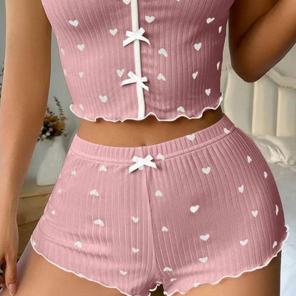 Women's Pajamas Set Bowknot Decor Sleepwear 2 PCS Short Tank Tops And Shorts Ventilate Loungewear Two-piece Female Nightwear