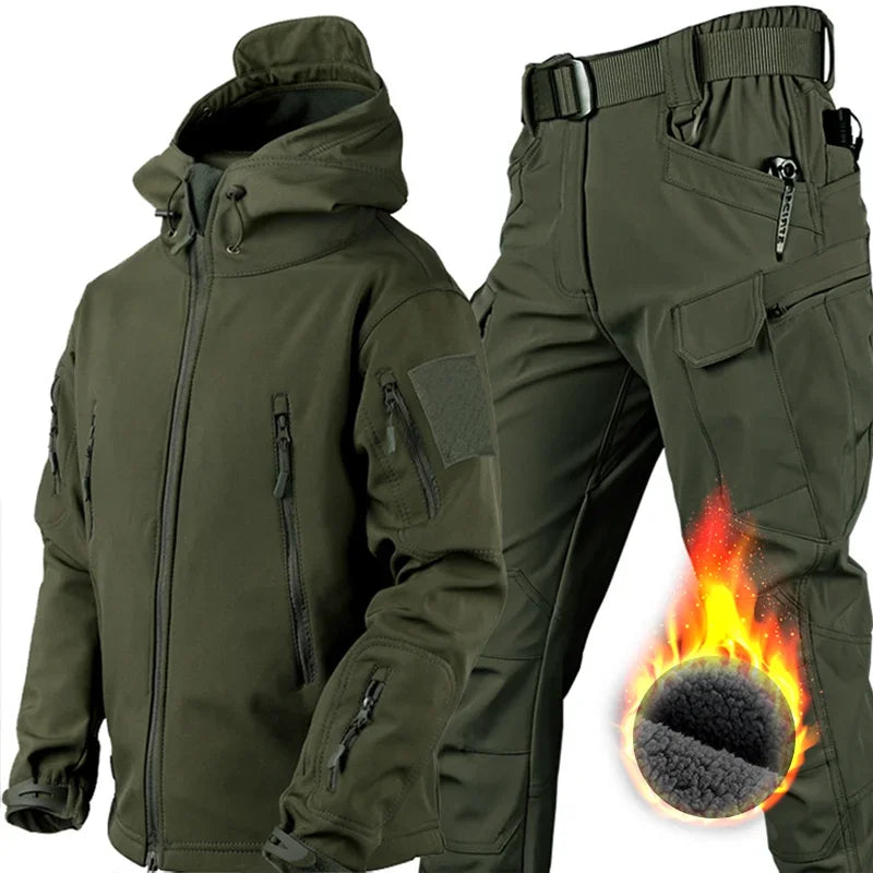 5XL 6XL Winter Waterproof Tactical Jackets Sets Men Outdoor Soft Shell Hiking Hunting Jacket Suit Fleece Cargo Pant Tracksuits