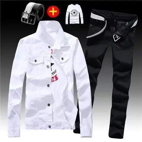 Spring Autumn Mens Denim Jacket + Jeans Pants Set Fashion Letters Printed Coat Trousers Two Piece Denim suit