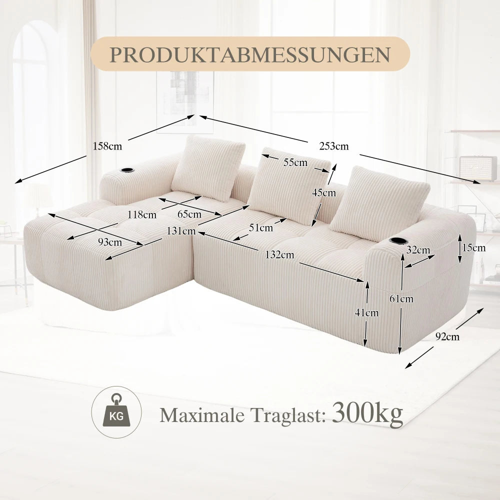 Compact Sofa Soft, Modular Sofa with Side Pocket and Beverage Holder, High Quality Comfort for Long Sitting, Incl. Pillows