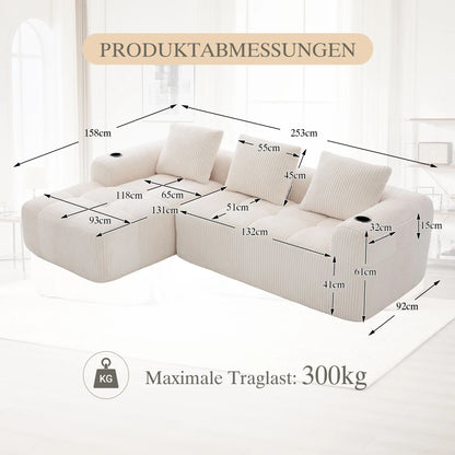 Compact Sofa Soft, Modular Sofa with Side Pocket and Beverage Holder, High Quality Comfort for Long Sitting, Incl. Pillows