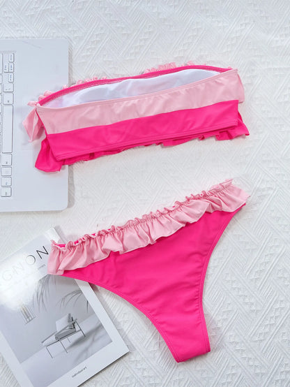 Sexy Bandeau Bikini 2025 Mujer Women Orange Patchwork Push Up Ruffles Micro Swimwear Brazilian Beach Bathing Suit Thong Swimsuit
