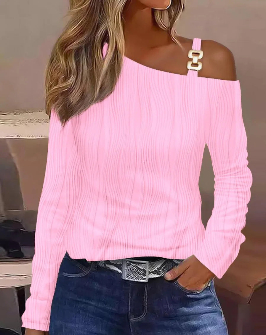 Sexy Elegant Off Shoulder White Lace Women Tops And Blouses 2023 Autumn Long Sleeve Top Femme Print Metal Buckle Office Blouse