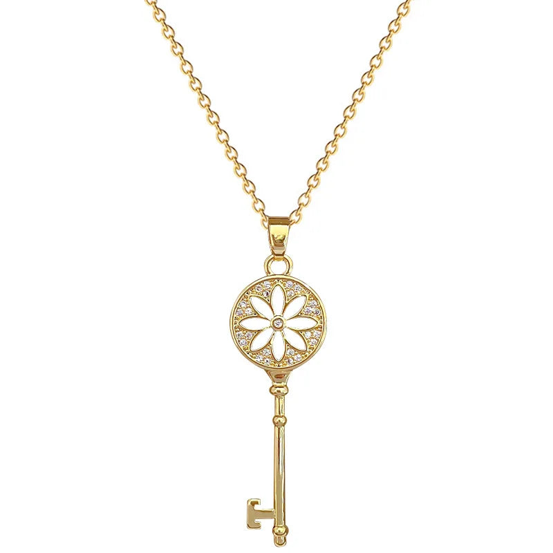 Temperament Retro Zircon Flower Key Pendant Necklace for Women Creativity Gold Color Stainless Steel Collarbone Chain Jewelry