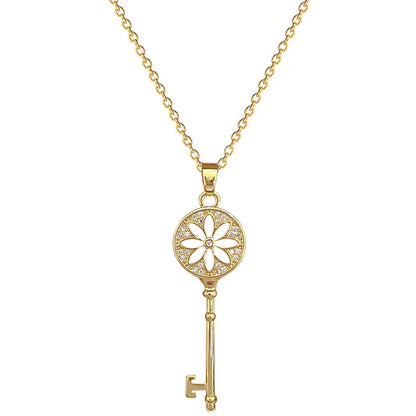 Temperament Retro Zircon Flower Key Pendant Necklace for Women Creativity Gold Color Stainless Steel Collarbone Chain Jewelry