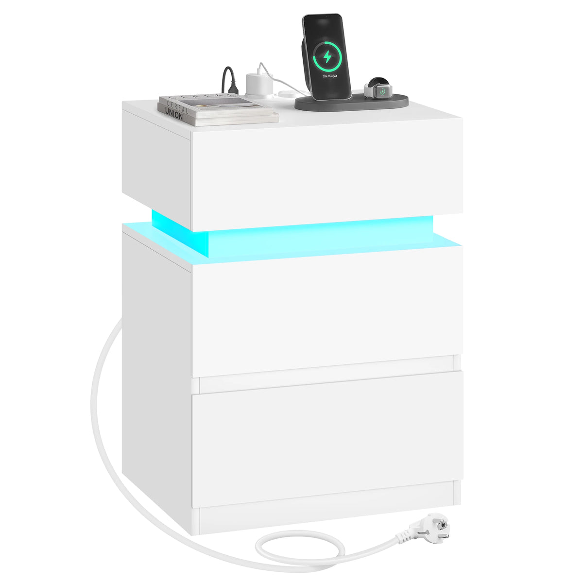 WOLTU Nightstand White/Black Bedside Table with LED Lighting 2 Drawers USB Charging Function Narrow Sofa Table