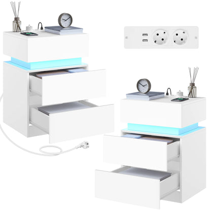 WOLTU Nightstand White/Black Bedside Table with LED Lighting 2 Drawers USB Charging Function Narrow Sofa Table
