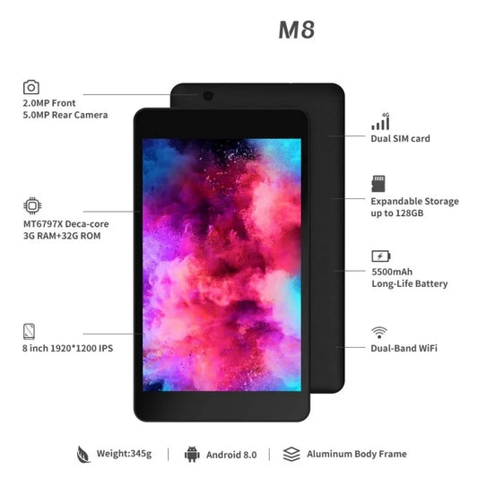 2026 NEW 8" 4G Phone Call Android 8.0 Tablet 3GB RAM 32GB ROM MTK6797 10-Core 1920x1200 Pixels GPS 2*SIM Card 5500mAh