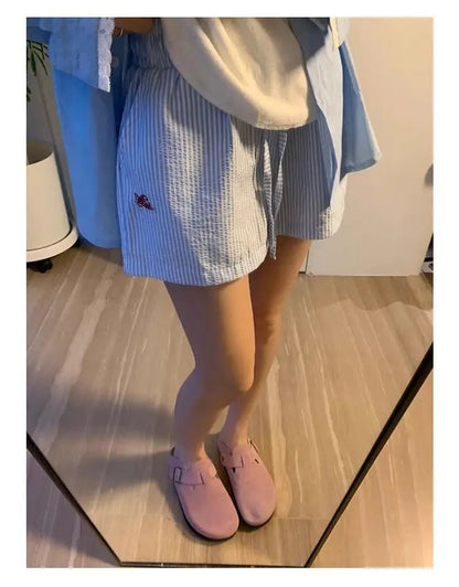 HOUZHOU Blue Striped Letter Embroidery Shorts Women Wide Leg Korean Fashion Short Pants Drawstring Baggy Casual Jorts Summer