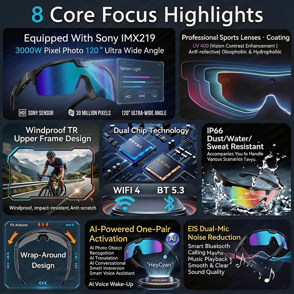 2026 New AI Smart Sports shooting&amp;recording Glasses 800W Camera HD Anti-shake Bicycle Riding Shooting Artifact Windproof Goggles