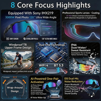 2026 New AI Smart Sports shooting&amp;recording Glasses 800W Camera HD Anti-shake Bicycle Riding Shooting Artifact Windproof Goggles