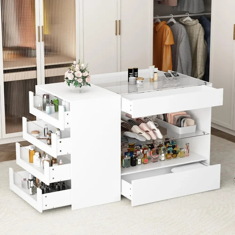 %a Wardrobe Armoire Bedroom Island with Glass Top, Glass Display Shelf &amp; 6 Drawers, Wooden Closet Storage Cabinet with Open She