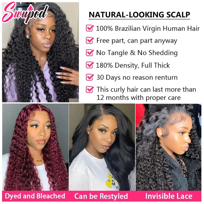 30 40 inch 250% 13x6 HD Lace Frontal Wig for Women 13x4 Front Deep Wave Kinky Curly Human Hair Dark Black Glueless Pre Plucked