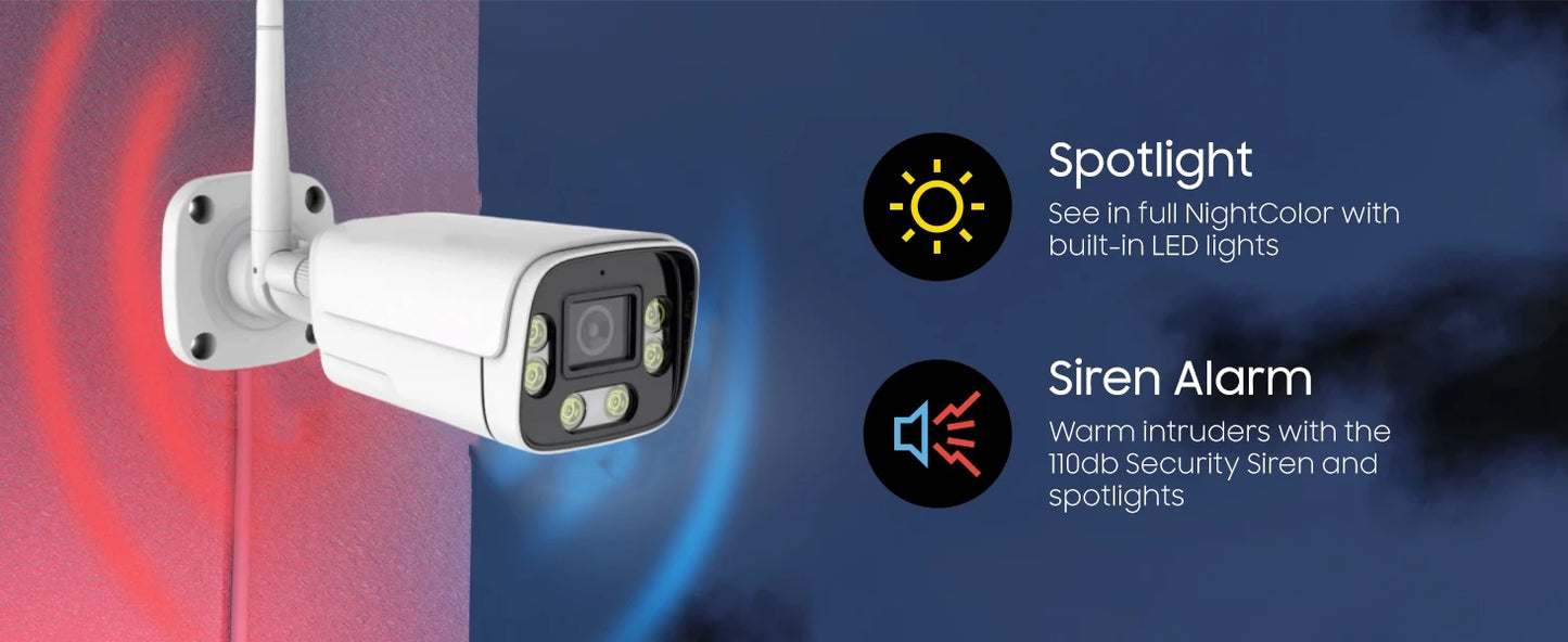 4MP Outdoor Security Wifi Camera AI 95ft NightColor Human Detection Bullet IP Camera With Two-Way Audio H.265+ Support MicroSD