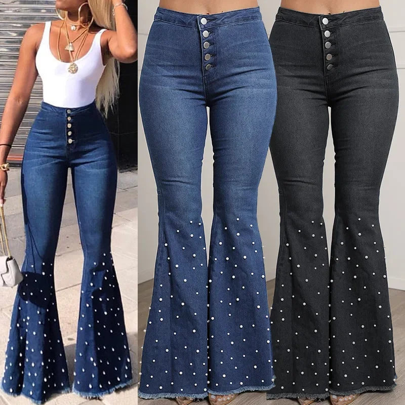 Denim Flare Pants Women Washed Jeans High Waist Slim Fit Pockets Embroidered Flares Vintage Trousers Full Length Casual Denims