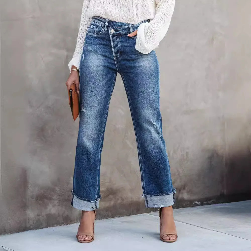 Women Spring and Autumn New Urban Casual Wash Straight Leg Jeans Long Pants, Loose Fallow Handwork Abrade Jeans with Pocket Y2k