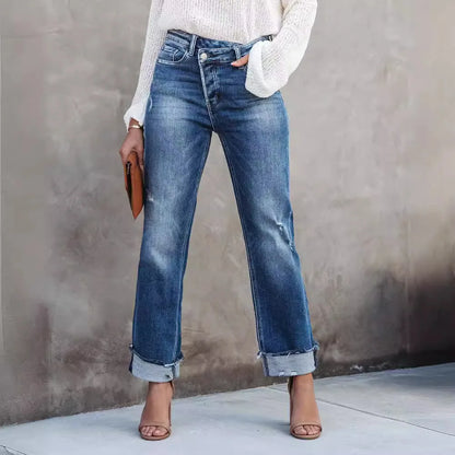 Women Spring and Autumn New Urban Casual Wash Straight Leg Jeans Long Pants, Loose Fallow Handwork Abrade Jeans with Pocket Y2k