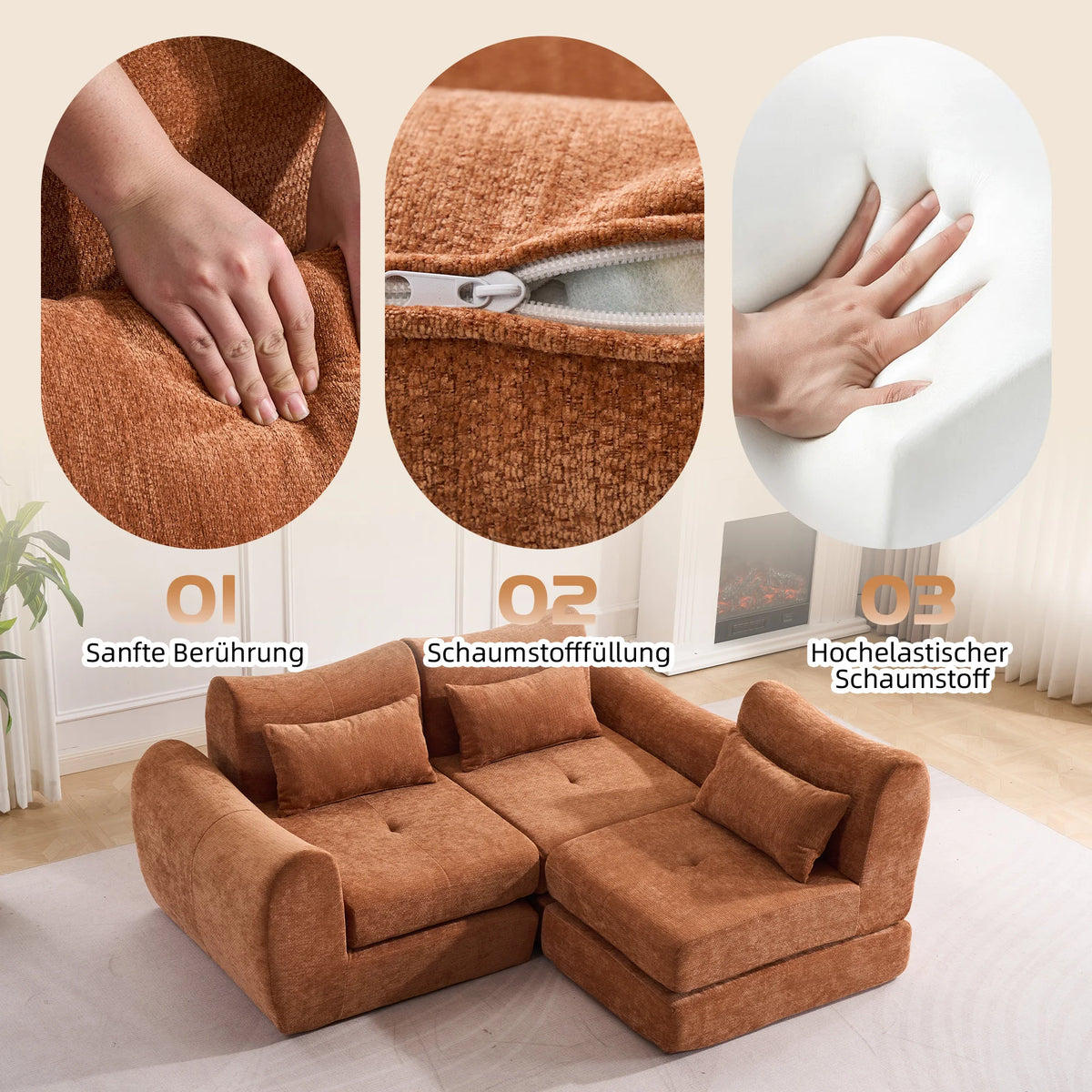 Orange Comfort Compressed Sofa,3 Seats No Assembly Required Sofa Bed,Black Chenille Free Combination For Living Room, Apartment