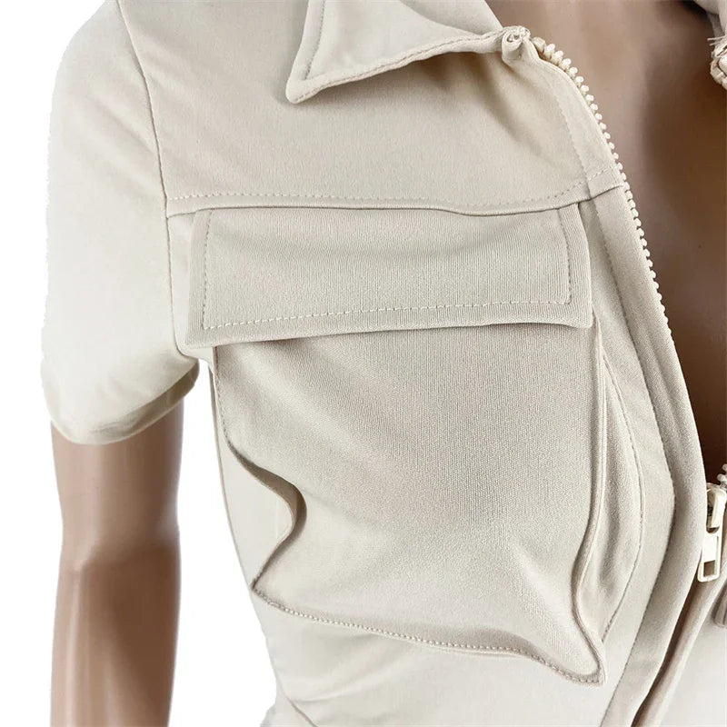 Streetwear Zipper Pockets Shorts Jumpsuit Women Clothing Short Sleeve Skinny Cargo Playsuit Summer Casual One Pieces Romper