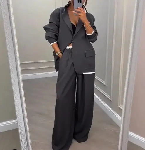 Two Piece Set Women Outfit 2025 Spring Autumn New Grey Commuting Notched Collar Long Sleeve Blazer & High Waist Pants Set