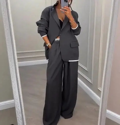 Two Piece Set Women Outfit 2025 Spring Autumn New Grey Commuting Notched Collar Long Sleeve Blazer & High Waist Pants Set