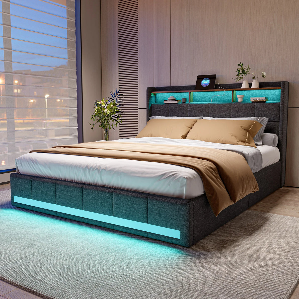 Rosahqnda Upholstered Double Bed 160 x 200 cm, Bed 180 x 200 cm with Storage Box, Storage Bed with 4 Drawers and LED Lighting