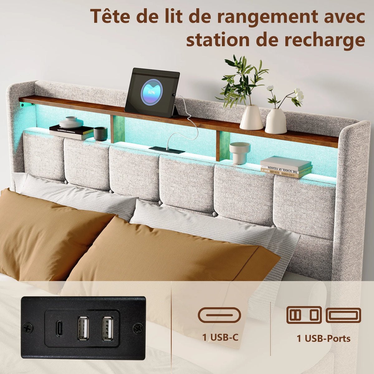 Rosahqnda Upholstered Double Bed 160 x 200 cm, Bed 180 x 200 cm with Storage Box, Storage Bed with 4 Drawers and LED Lighting