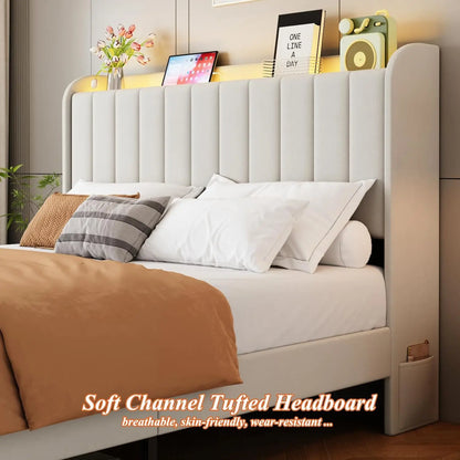 Full Size Bed Frames with Storage Headboard and 2 Drawers, Upholstered Platform Bed Frame Full with Led Lights and, Customized