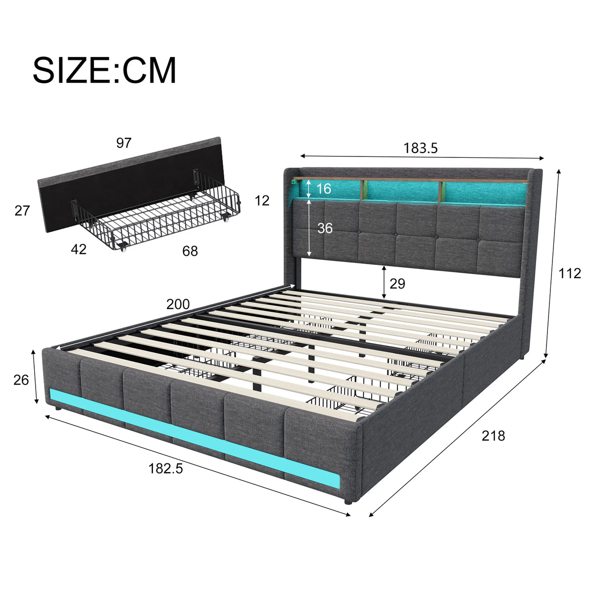 Rosahqnda Upholstered Double Bed 160 x 200 cm, Bed 180 x 200 cm with Storage Box, Storage Bed with 4 Drawers and LED Lighting