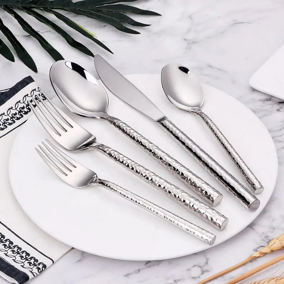 6/12/15Pcs Sliver Heavy Cutlery Stainless Steel 304 Tableware Western Dinner Set Mirror Hammer Pattern Handle Knife Fork Spoon