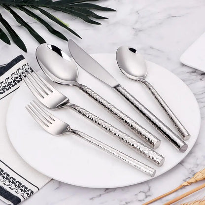 6/12/15Pcs Sliver Heavy Cutlery Stainless Steel 304 Tableware Western Dinner Set Mirror Hammer Pattern Handle Knife Fork Spoon