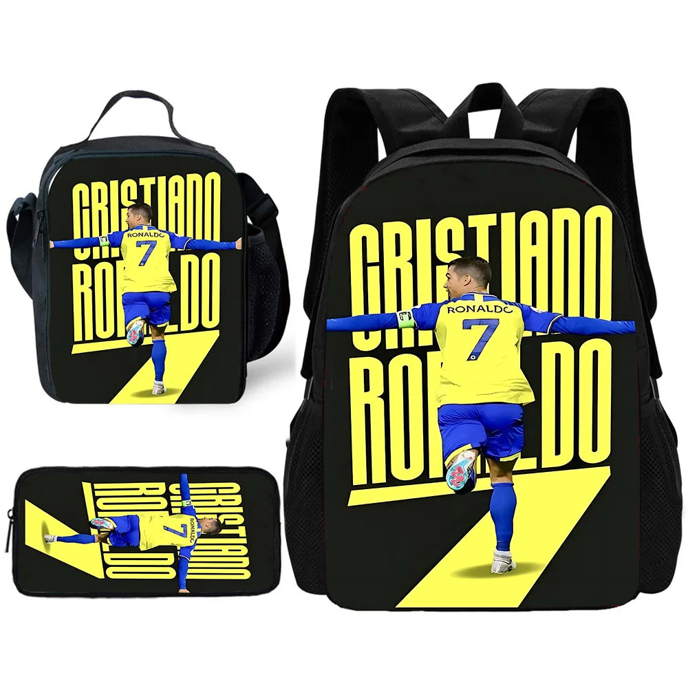 Child School Football R-RonaldoS CR7 Backpack with Lunch Bags ,Pencil Bags ,School Bags for Boys Girls Best Gift