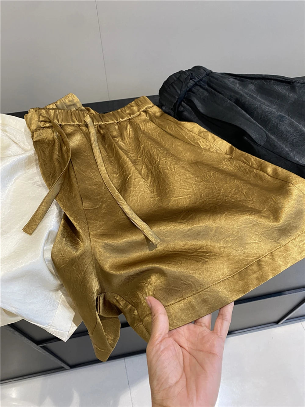 Women's Solid Color Satin Ice Silk Texture Shorts Summer Versatile Elastic Waist Loose Smooth Female Casual Versatile Hot Pants