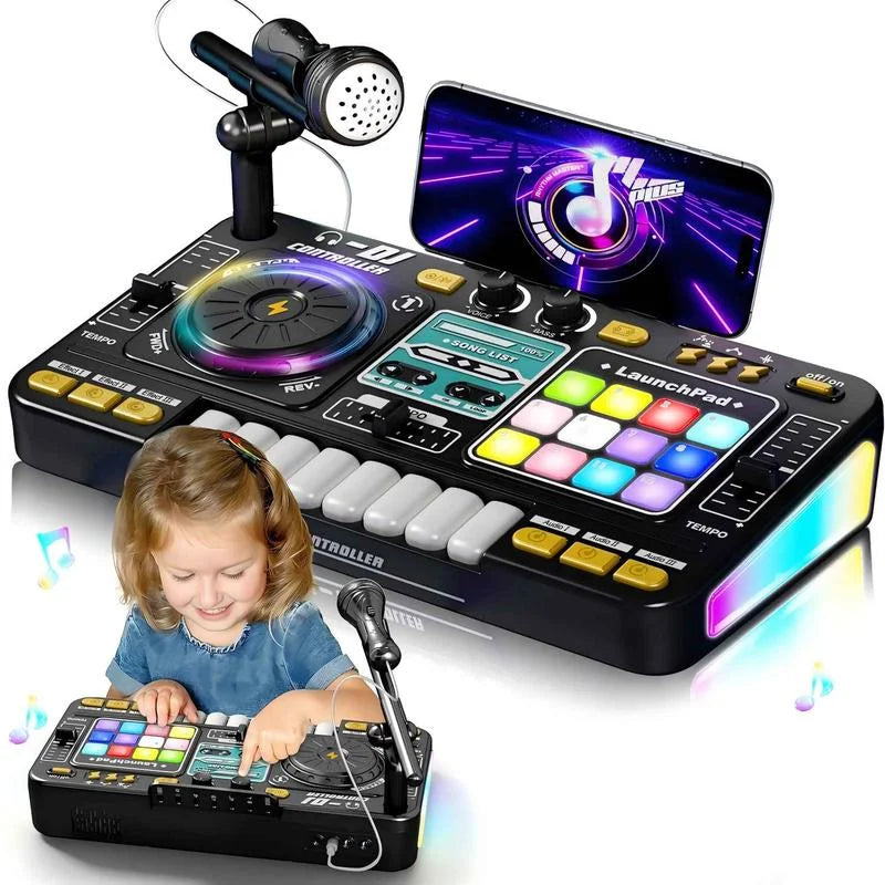 Kid DJ Mixer with Microphone Electronic Piano Keyboard Bluetooth DJ Turntable Controller Musical Instrument Kid Birthday Gift