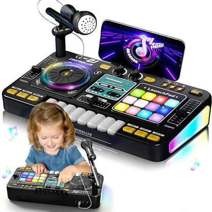 Kid DJ Mixer with Microphone Electronic Piano Keyboard Bluetooth DJ Turntable Controller Musical Instrument Kid Birthday Gift