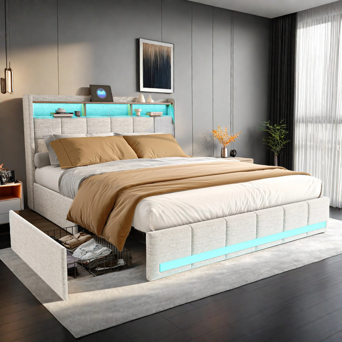 Rosahqnda Upholstered Double Bed 160 x 200 cm, Bed 180 x 200 cm with Storage Box, Storage Bed with 4 Drawers and LED Lighting