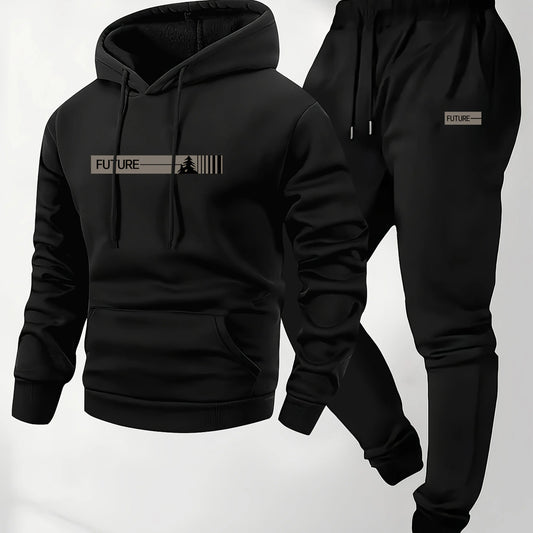 Men's two-piece set casual long-sleeved hooded sweatshirt and sports pants outfit suitable for winter and autumn  Sports outfit