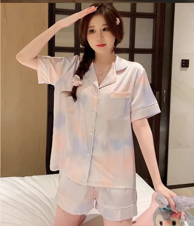 Korean Simple Sweet Ins Aesthetics Print Women's Pajamas Y2k Harajuku Colorful Trendy Sleepwear 2024 New Summer Fashion Homewear
